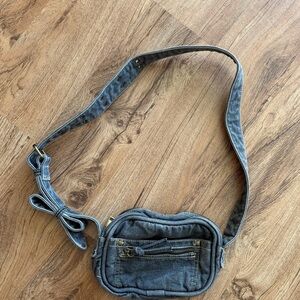 Grunge Cottage Core Festival Grey Denim Fanny Pack with adjustable strap.